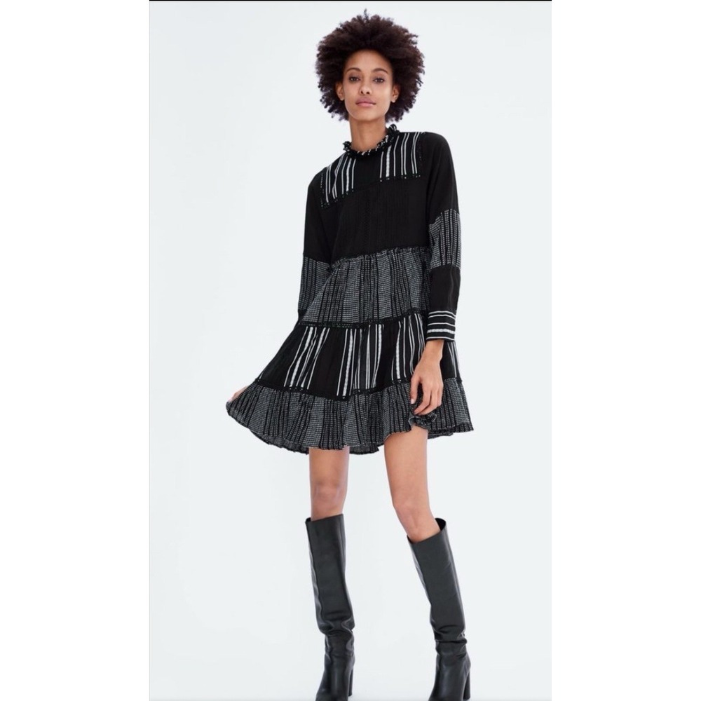 Zara Woman Womens Size L Black Stripe Dress A Line Shift Ruffle High Neck